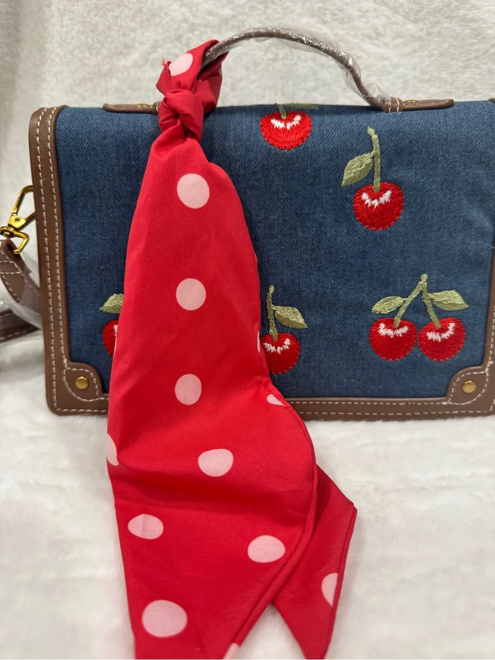 NWOT Steve Madden Denim Cherry Embroidered Top-Handle Bag - Blue/Red